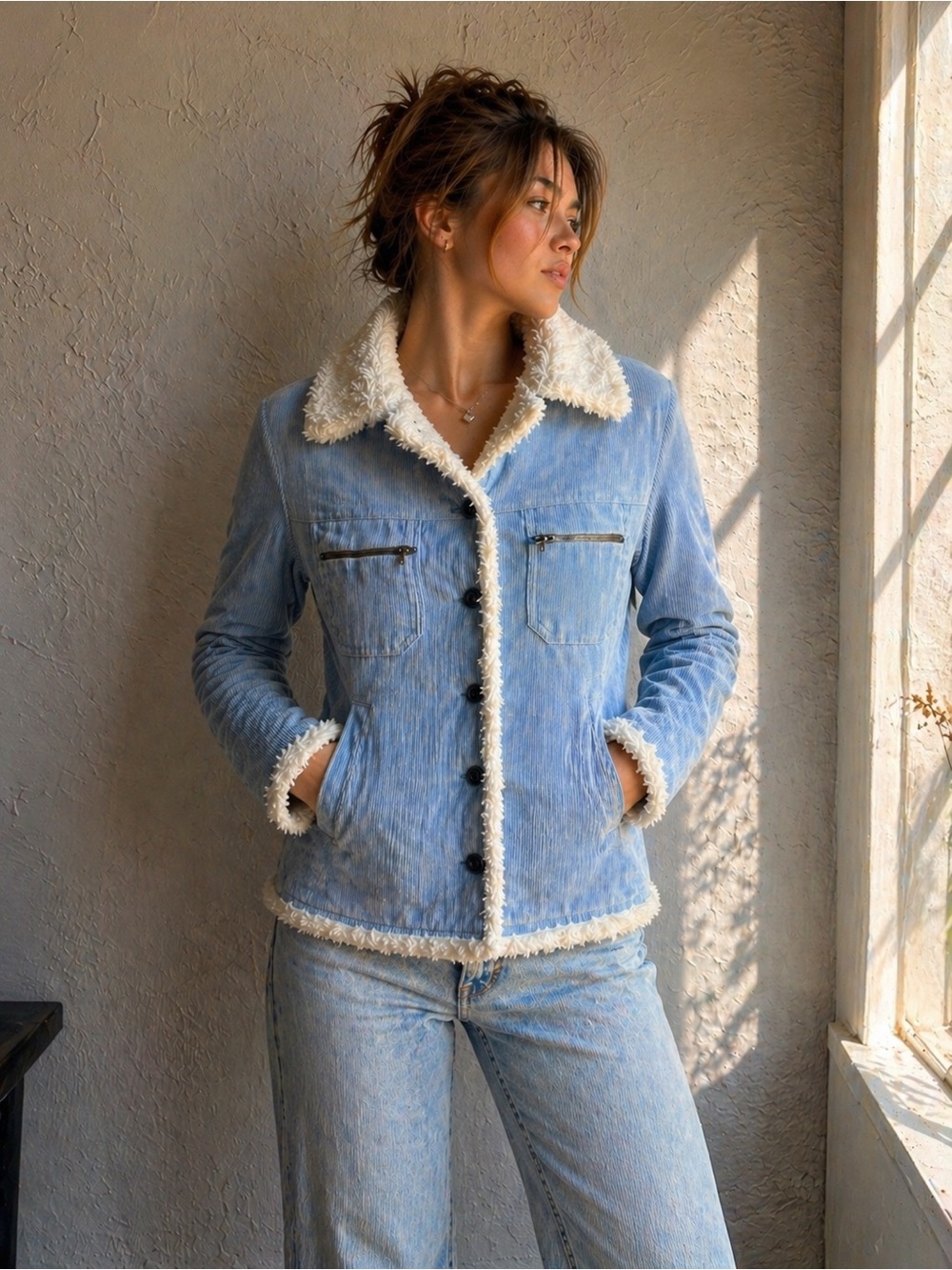 Baby Blue Corduroy Sherpa Jacket Faux Fur Lined Y2K Coquette Soft Girl Sz M